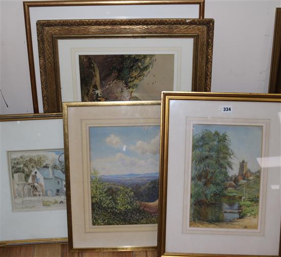 Five watercolour landscapes and castles, etc. Largest 51x 34cm